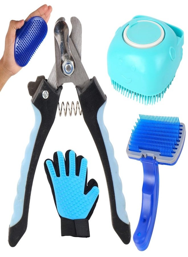 Pet Grooming Set with Self-Cleaning Brush, Deshedding Glove, Professional Dog Brush in Blue and Turquoise, 3-Piece Grooming Kit(pack of 5)